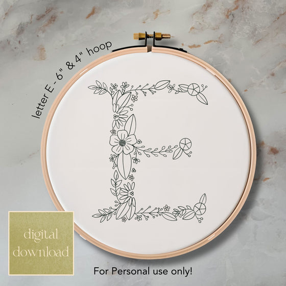 Whimsical Floral Embroidery Letter E - Digital Download