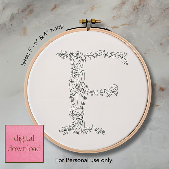 Whimsical Floral Embroidery Letter F - Digital Download