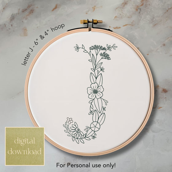 Whimsical Floral Embroidery Letter J - Digital Download