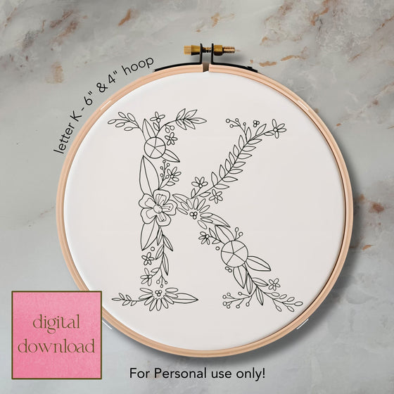 Whimsical Floral Embroidery Letter K - Digital Download