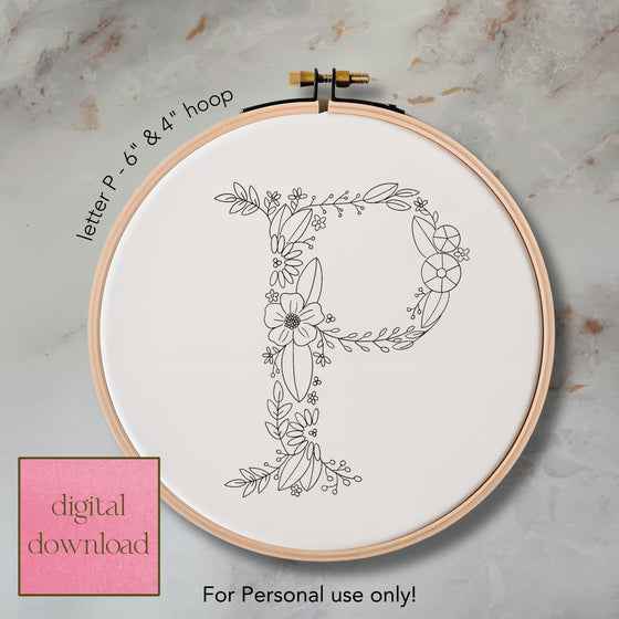 Whimsical Floral Embroidery Letter P - Digital Download