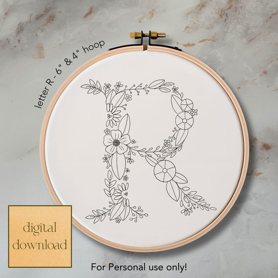 Whimsical Floral Embroidery Letter R - Digital Download