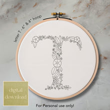  Whimsical Floral Embroidery Letter T - Digital Download