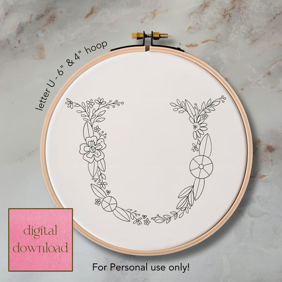 Whimsical Floral Embroidery Letter U - Digital Download