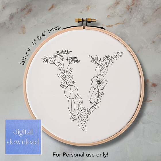 Whimsical Floral Embroidery Letter V - Digital Download