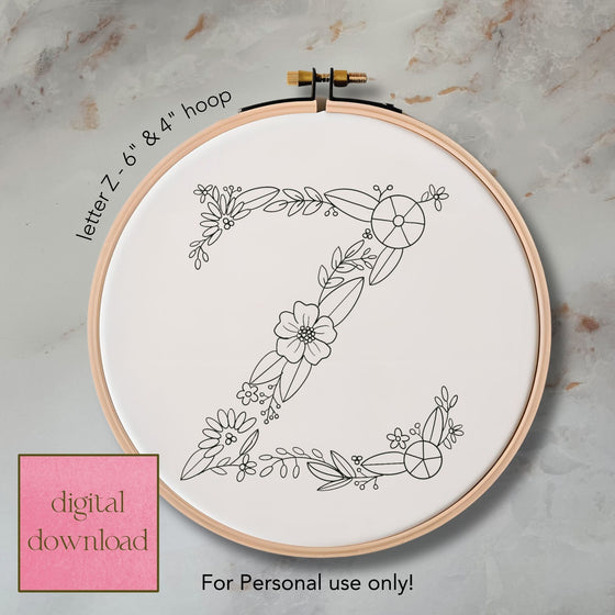 Whimsical Floral Embroidery Letter Z - Digital Download