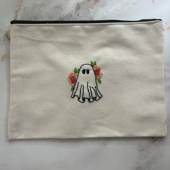 Hand Embroidered Ghost Zipper Pouch