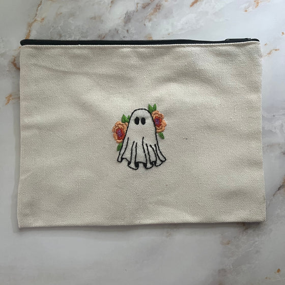 Hand Embroidered Ghost Zipper Pouch