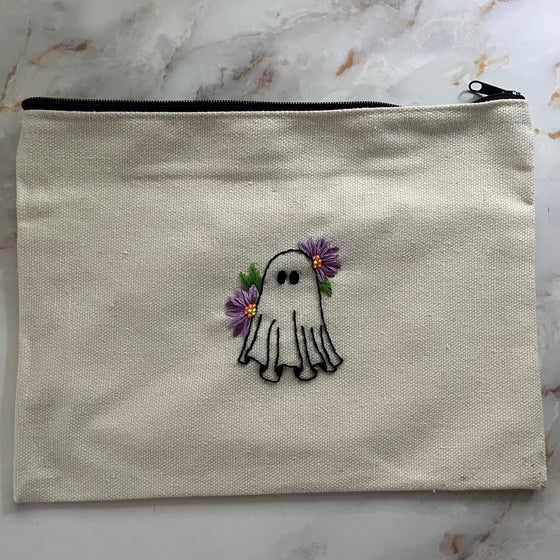 Hand Embroidered Ghost Zipper Pouch