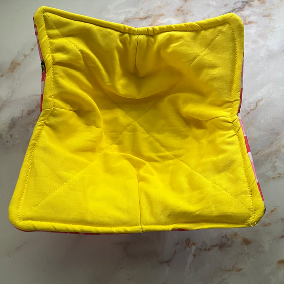 Reversable Rainbow Cat Bowl Cozy with Yellow Interior